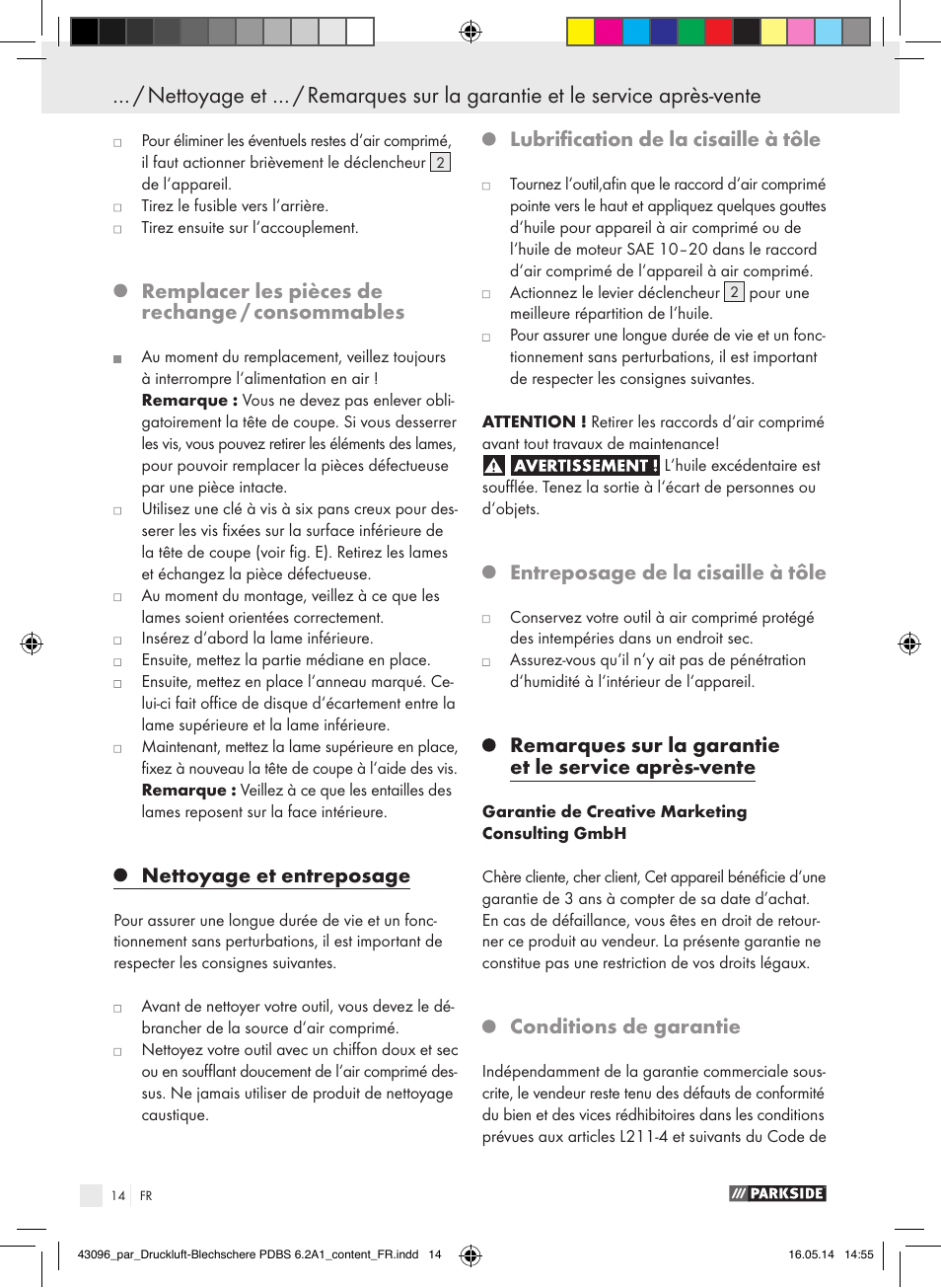 Remplacer les pièces de rechange / consommables, Nettoyage et entreposage, Lubrification de la cisaille à tôle | Entreposage de la cisaille à tôle, Conditions de garantie | Parkside PDBS 6.2 A1 User Manual | Page 14 / 39