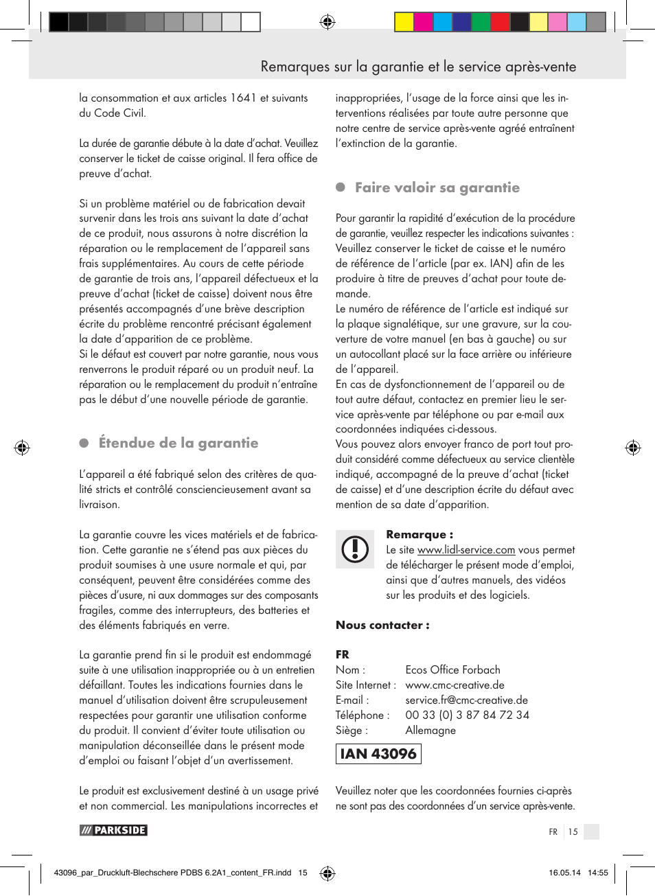 Étendue de la garantie, Faire valoir sa garantie | Parkside PDBS 6.2 A1 User Manual | Page 15 / 39