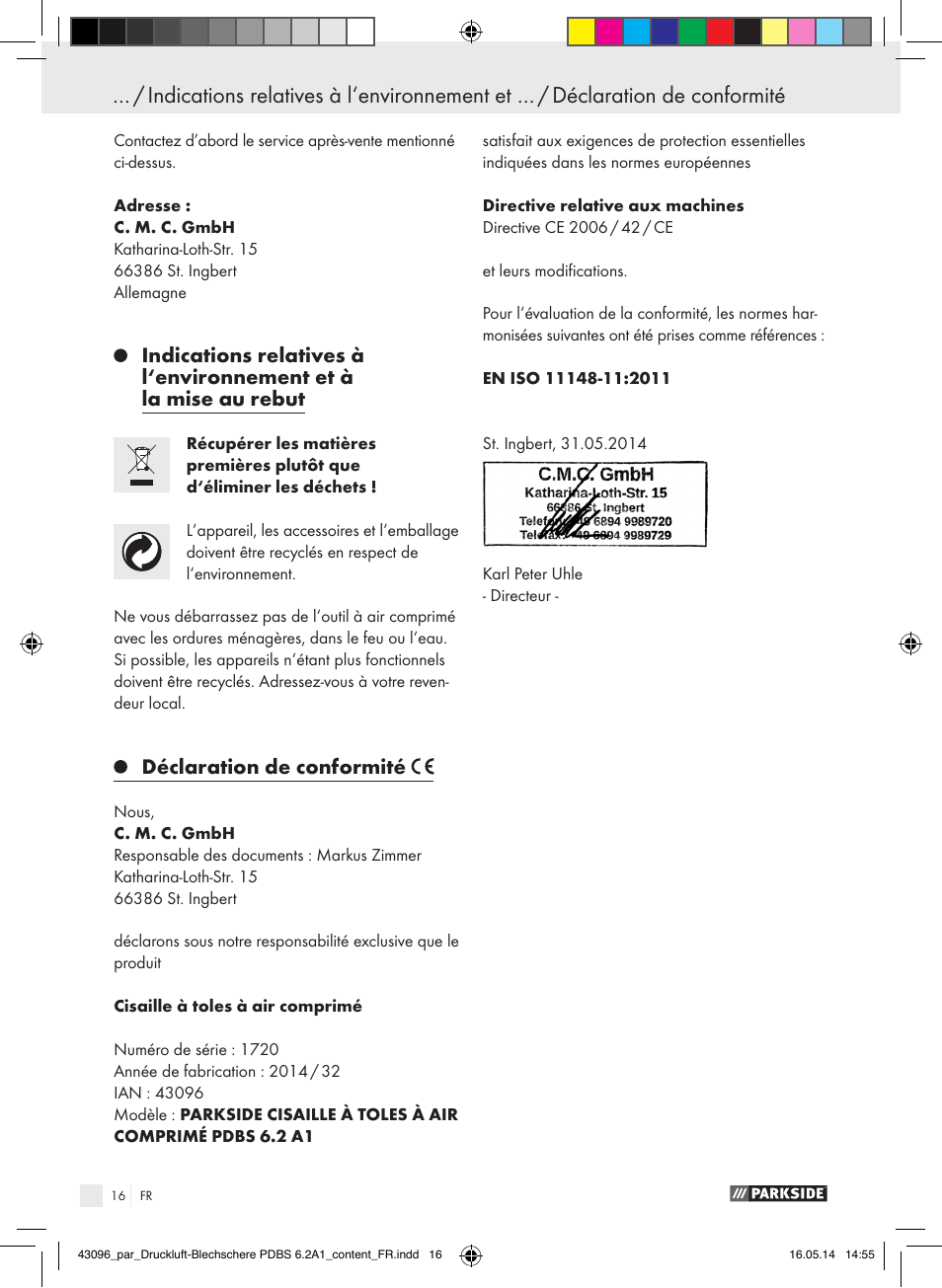 Déclaration de conformité | Parkside PDBS 6.2 A1 User Manual | Page 16 / 39