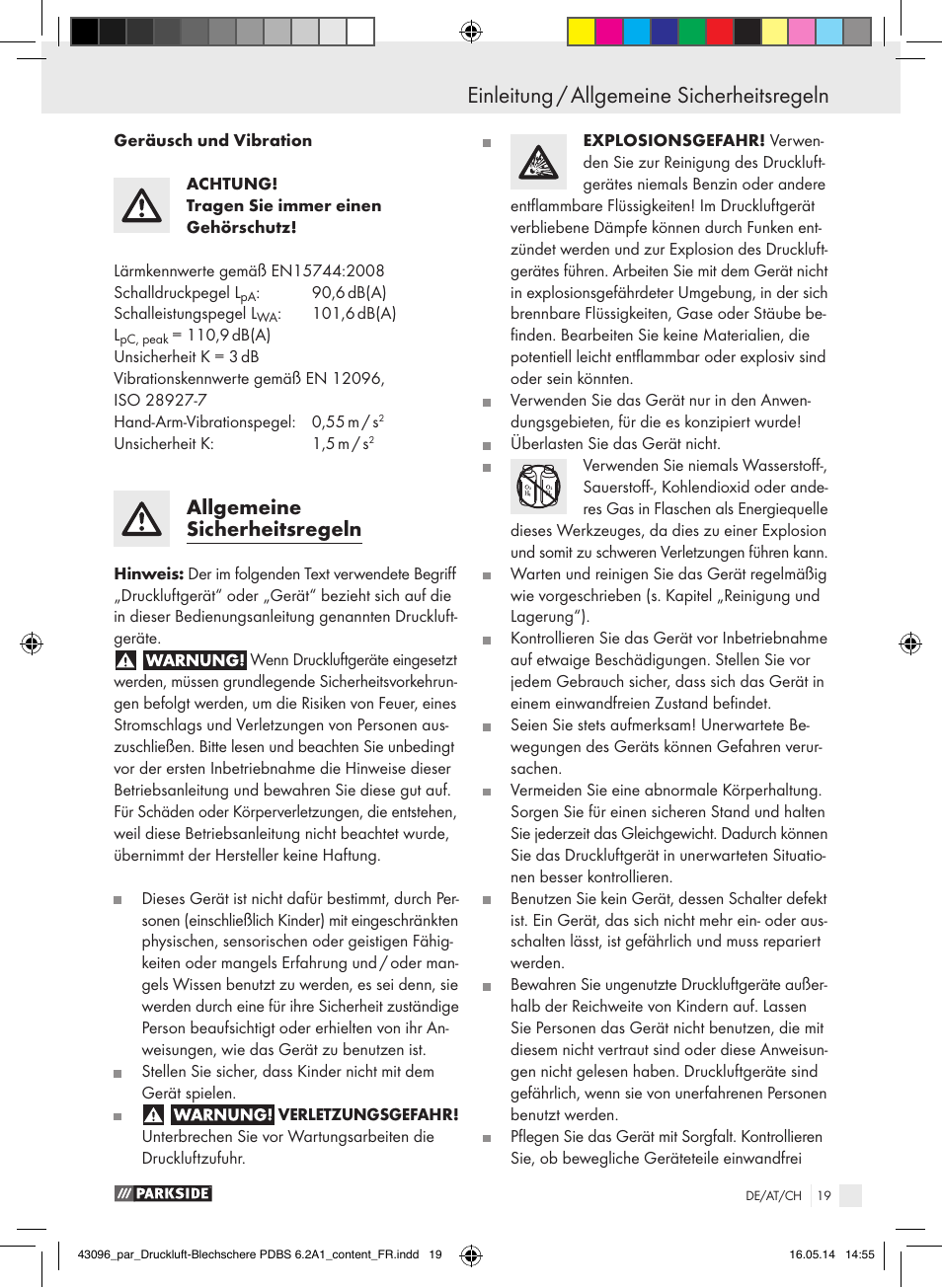 Einleitung, Einleitung / allgemeine sicherheitsregeln, Allgemeine sicherheitsregeln | Parkside PDBS 6.2 A1 User Manual | Page 19 / 39