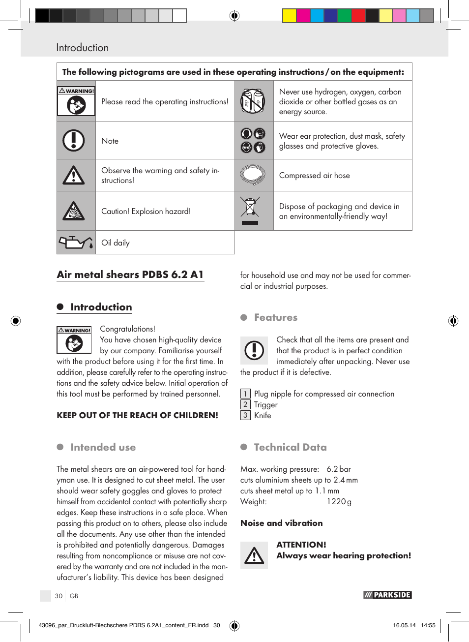 Introduction, Introduction / general safety rules, Air metal shears pdbs 6.2 a1 introduction | Intended use, Features, Technical data | Parkside PDBS 6.2 A1 User Manual | Page 30 / 39