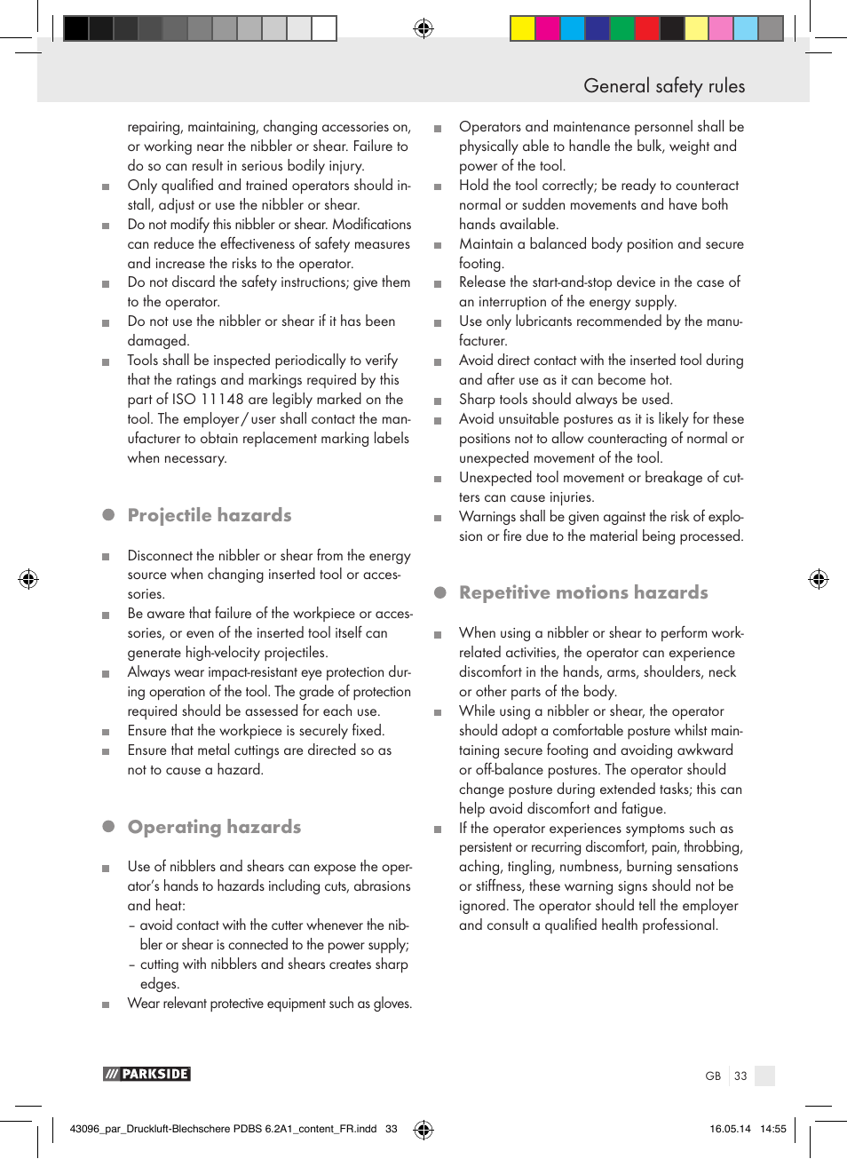 General safety rules, Projectile hazards, Operating hazards | Repetitive motions hazards | Parkside PDBS 6.2 A1 User Manual | Page 33 / 39