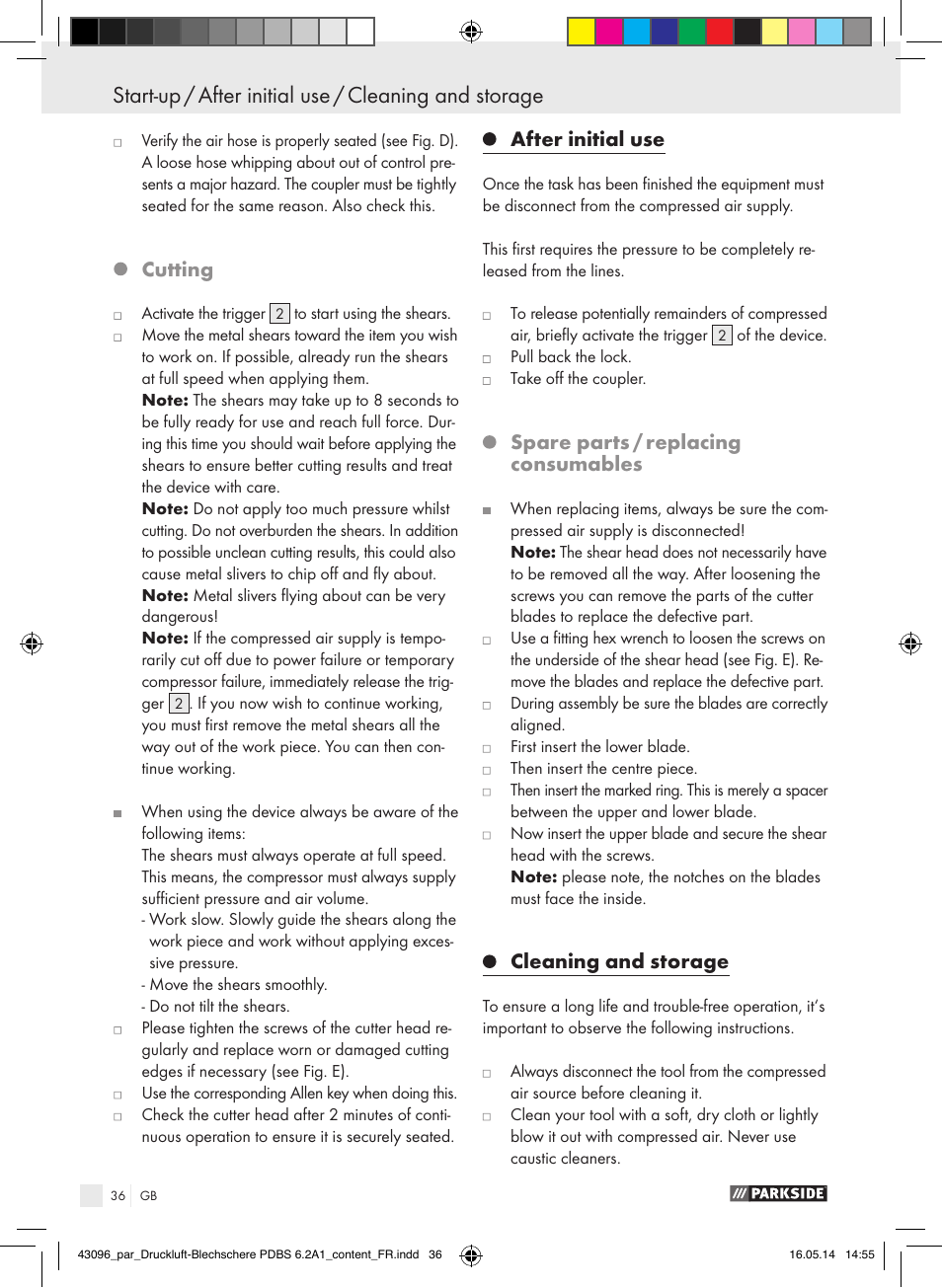 Cutting, After initial use, Spare parts / replacing consumables | Cleaning and storage | Parkside PDBS 6.2 A1 User Manual | Page 36 / 39