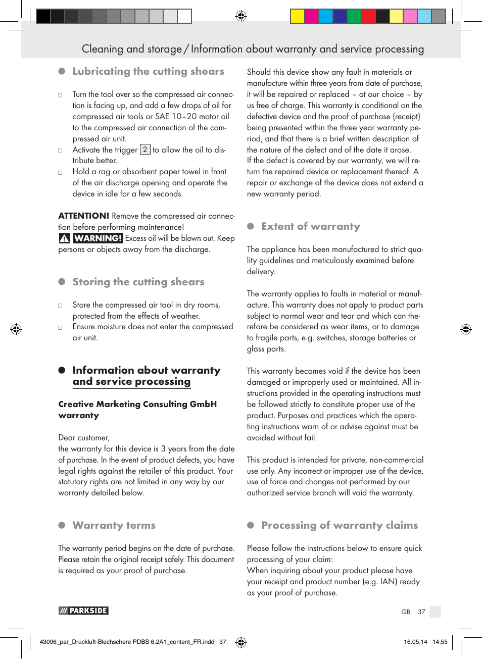 Lubricating the cutting shears, Storing the cutting shears, Information about warranty and service processing | Warranty terms, Extent of warranty, Processing of warranty claims | Parkside PDBS 6.2 A1 User Manual | Page 37 / 39