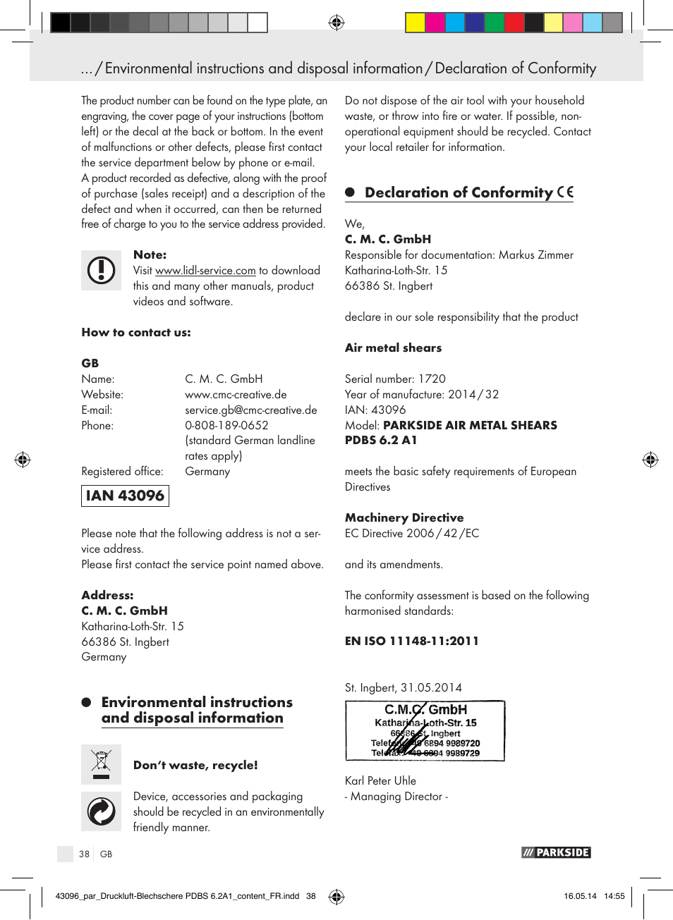 Declaration of conformity | Parkside PDBS 6.2 A1 User Manual | Page 38 / 39