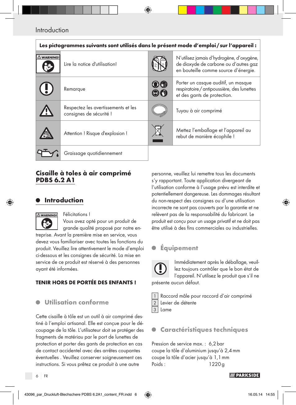 Utilisation conforme, Équipement, Caractéristiques techniques | Parkside PDBS 6.2 A1 User Manual | Page 6 / 39