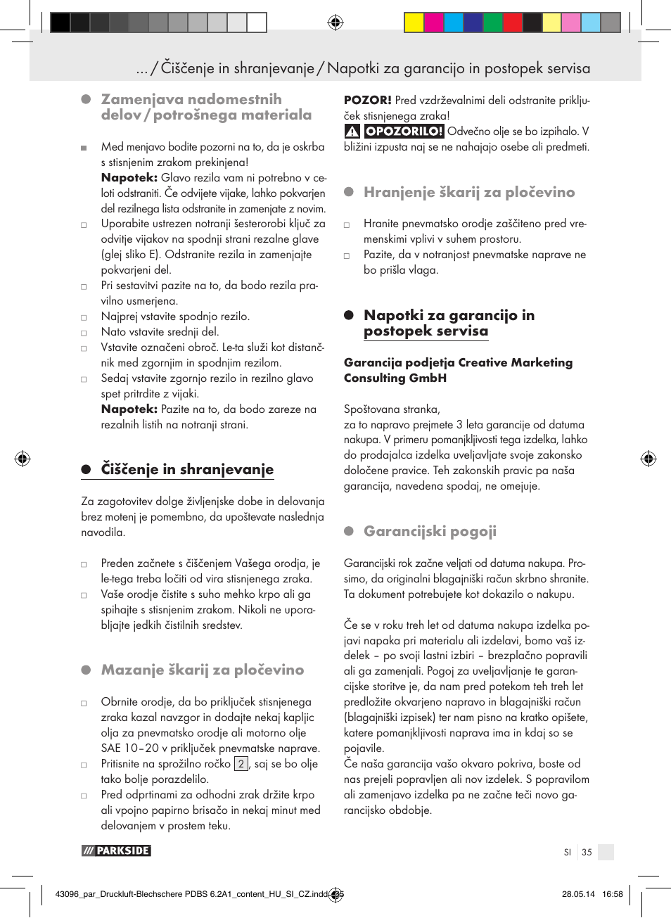 Zamenjava nadomestnih delov / potrošnega materiala, Čiščenje in shranjevanje, Mazanje škarij za pločevino | Hranjenje škarij za pločevino, Napotki za garancijo in postopek servisa, Garancijski pogoji | Parkside PDBS 6.2 A1 User Manual | Page 35 / 63