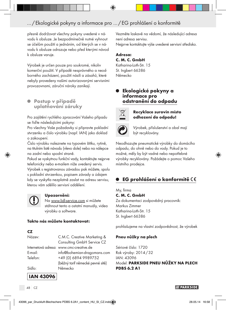 Postup v případě uplatňování záruky, Eg prohlášení o konformitě | Parkside PDBS 6.2 A1 User Manual | Page 48 / 63