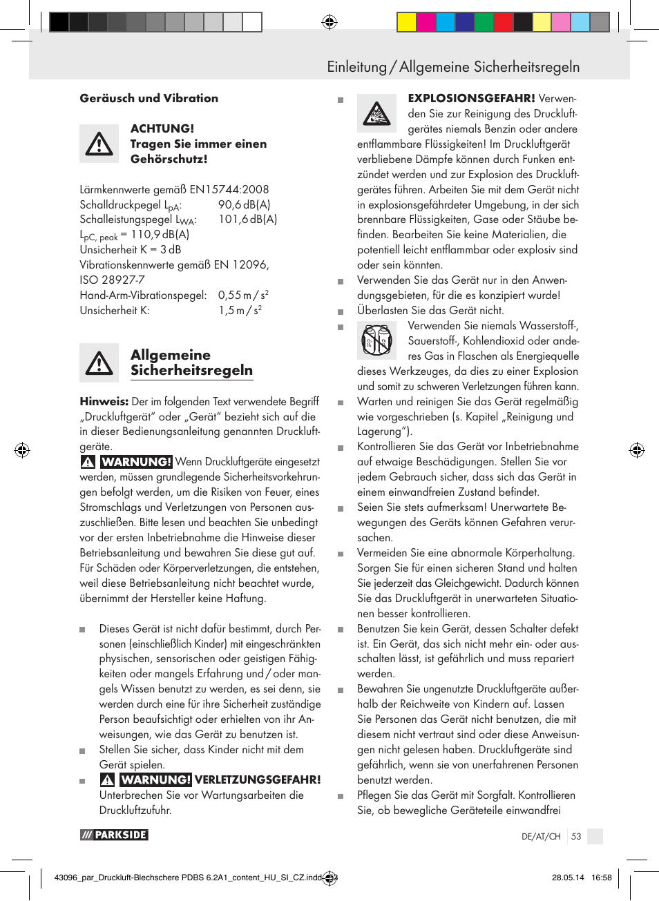 Einleitung, Einleitung / allgemeine sicherheitsregeln, Allgemeine sicherheitsregeln | Parkside PDBS 6.2 A1 User Manual | Page 53 / 63