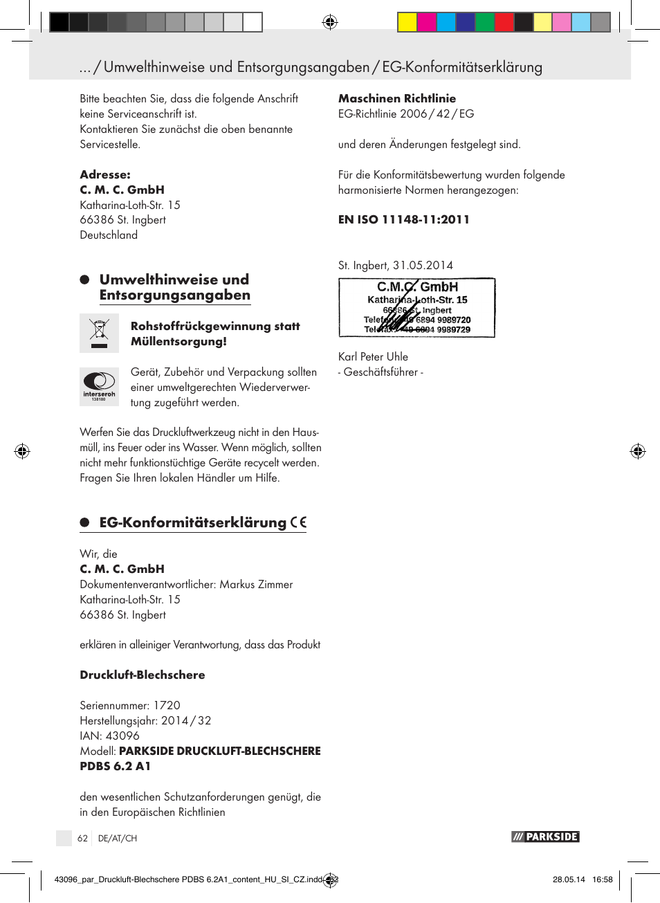 Umwelthinweise und entsorgungsangaben, Eg-konformitätserklärung | Parkside PDBS 6.2 A1 User Manual | Page 62 / 63