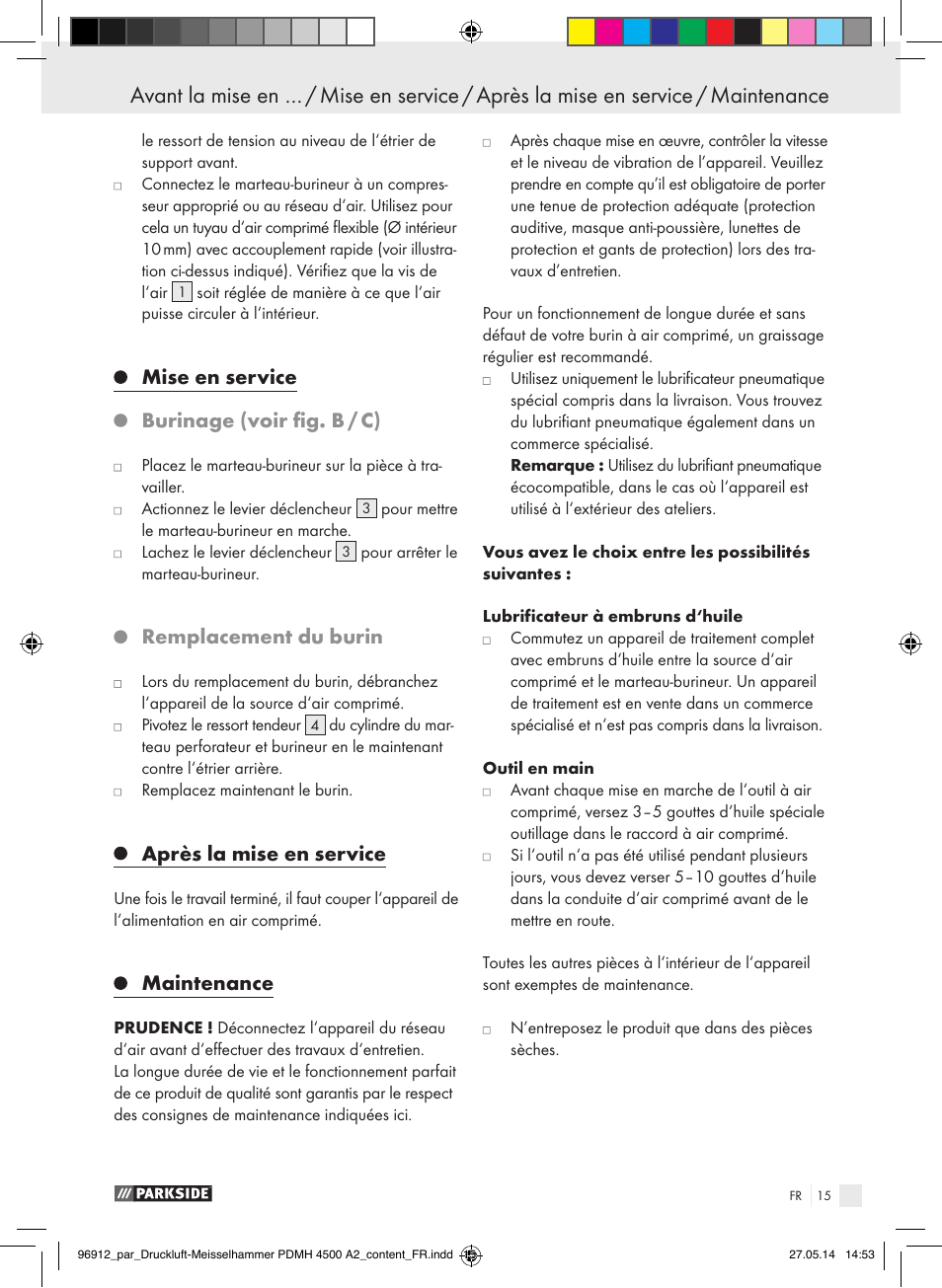 Mise en service, Burinage (voir fig. b / c), Remplacement du burin | Après la mise en service, Maintenance | Parkside PDMH 4500 A2 User Manual | Page 15 / 45
