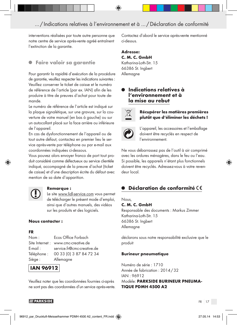 Faire valoir sa garantie, Déclaration de conformité | Parkside PDMH 4500 A2 User Manual | Page 17 / 45