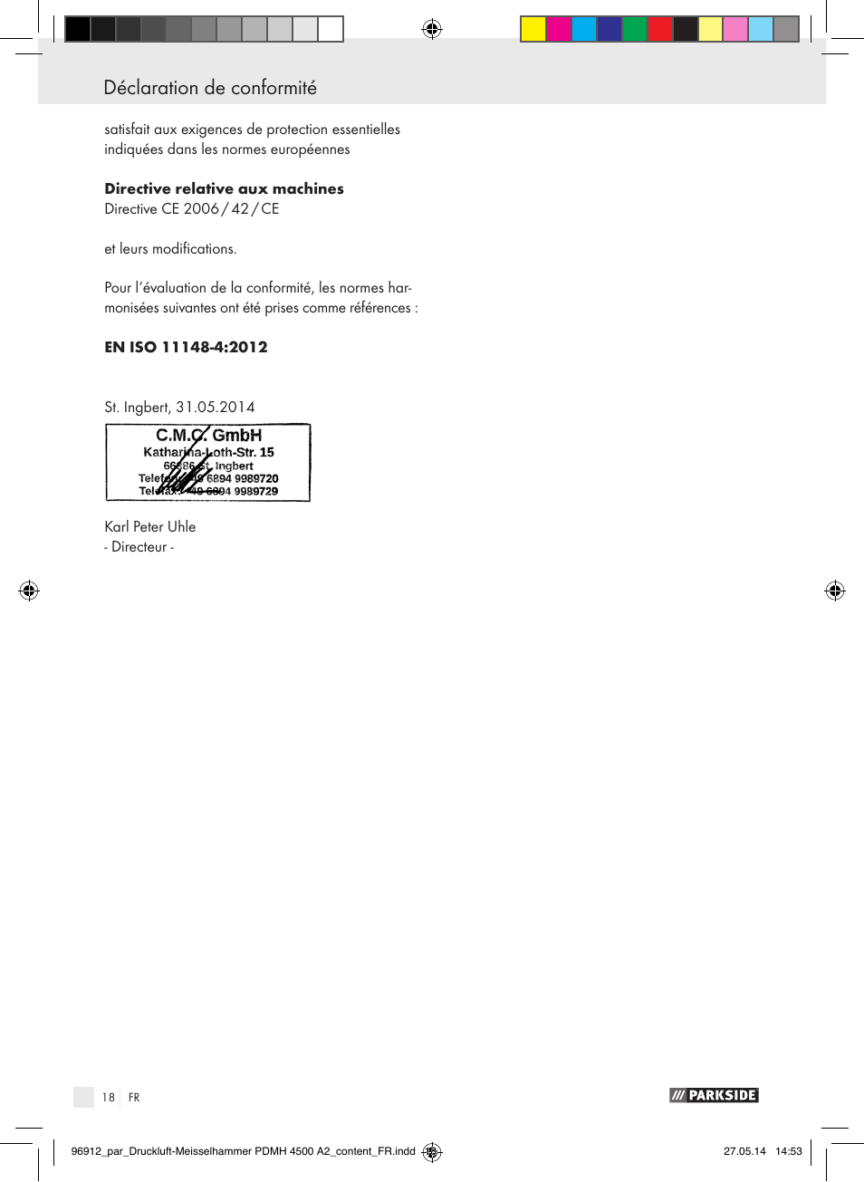 Inhaltsverzeichnis déclaration de conformité | Parkside PDMH 4500 A2 User Manual | Page 18 / 45