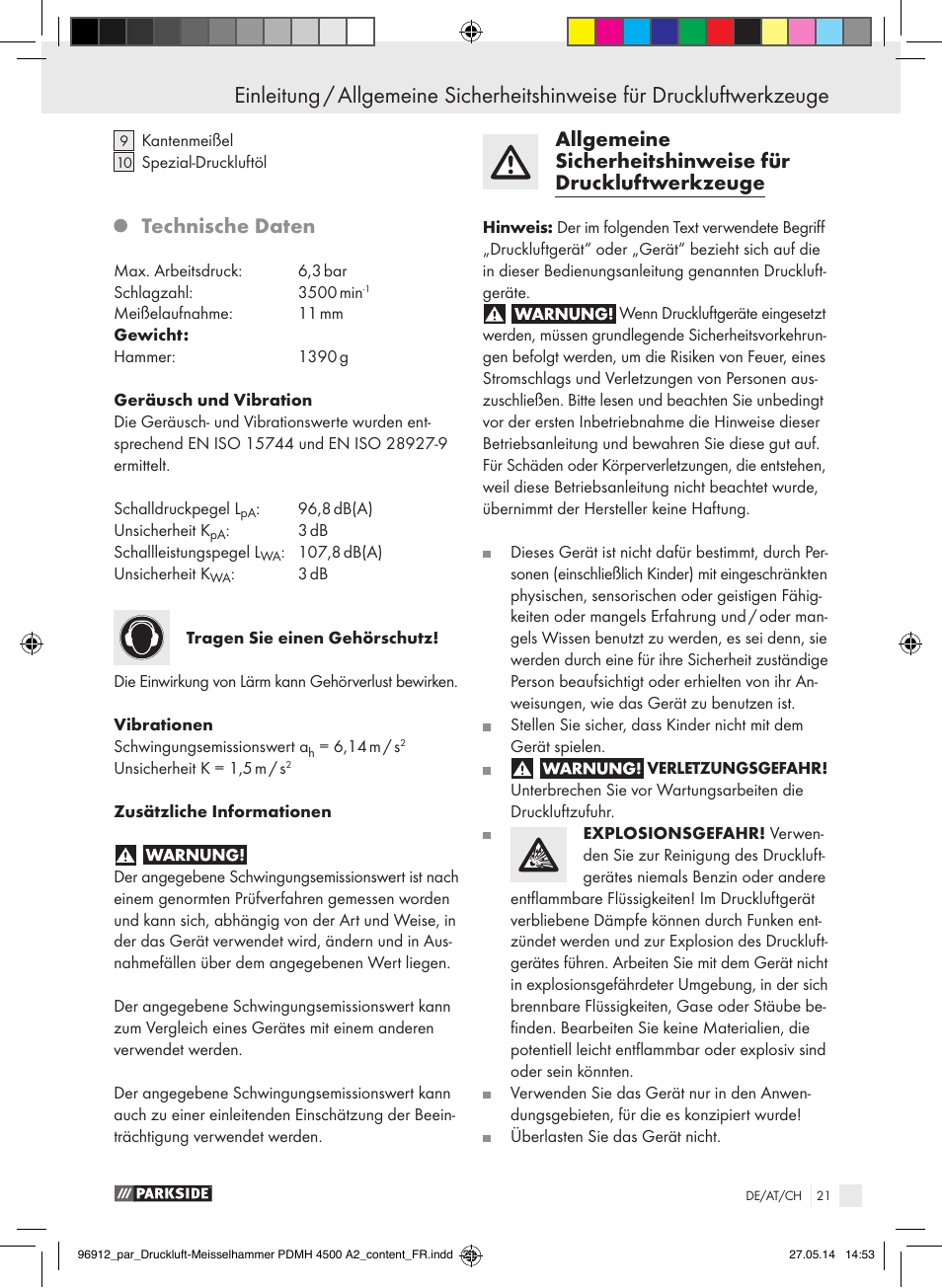 Einleitung, Technische daten | Parkside PDMH 4500 A2 User Manual | Page 21 / 45