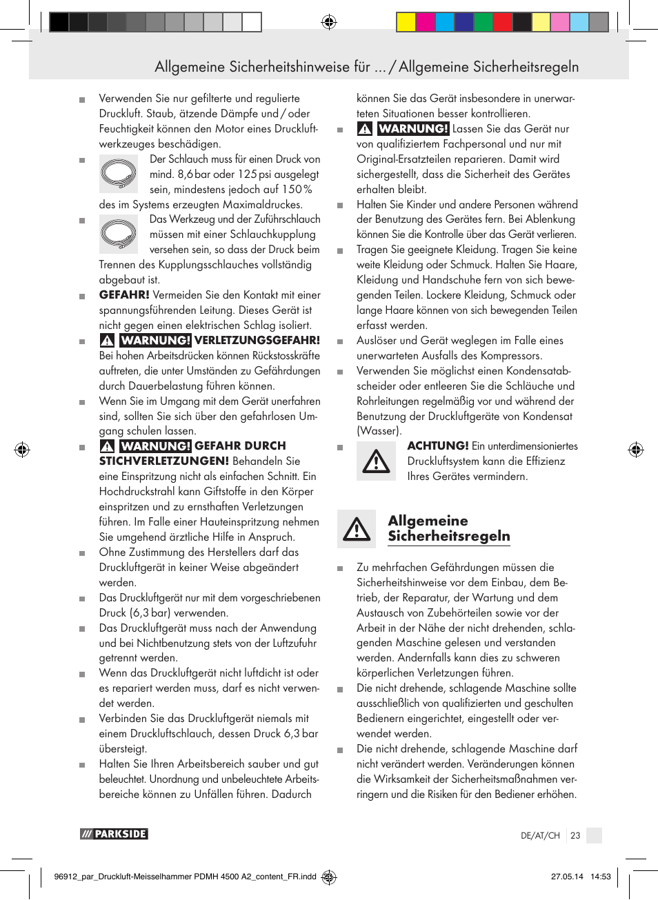 Allgemeine sicherheitsregeln | Parkside PDMH 4500 A2 User Manual | Page 23 / 45