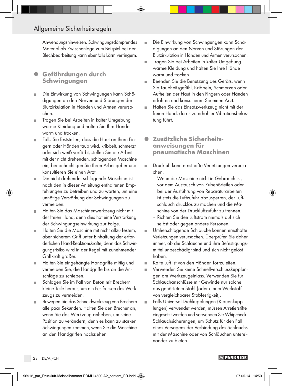 Allgemeine sicherheitsregeln, Gefährdungen durch schwingungen | Parkside PDMH 4500 A2 User Manual | Page 28 / 45