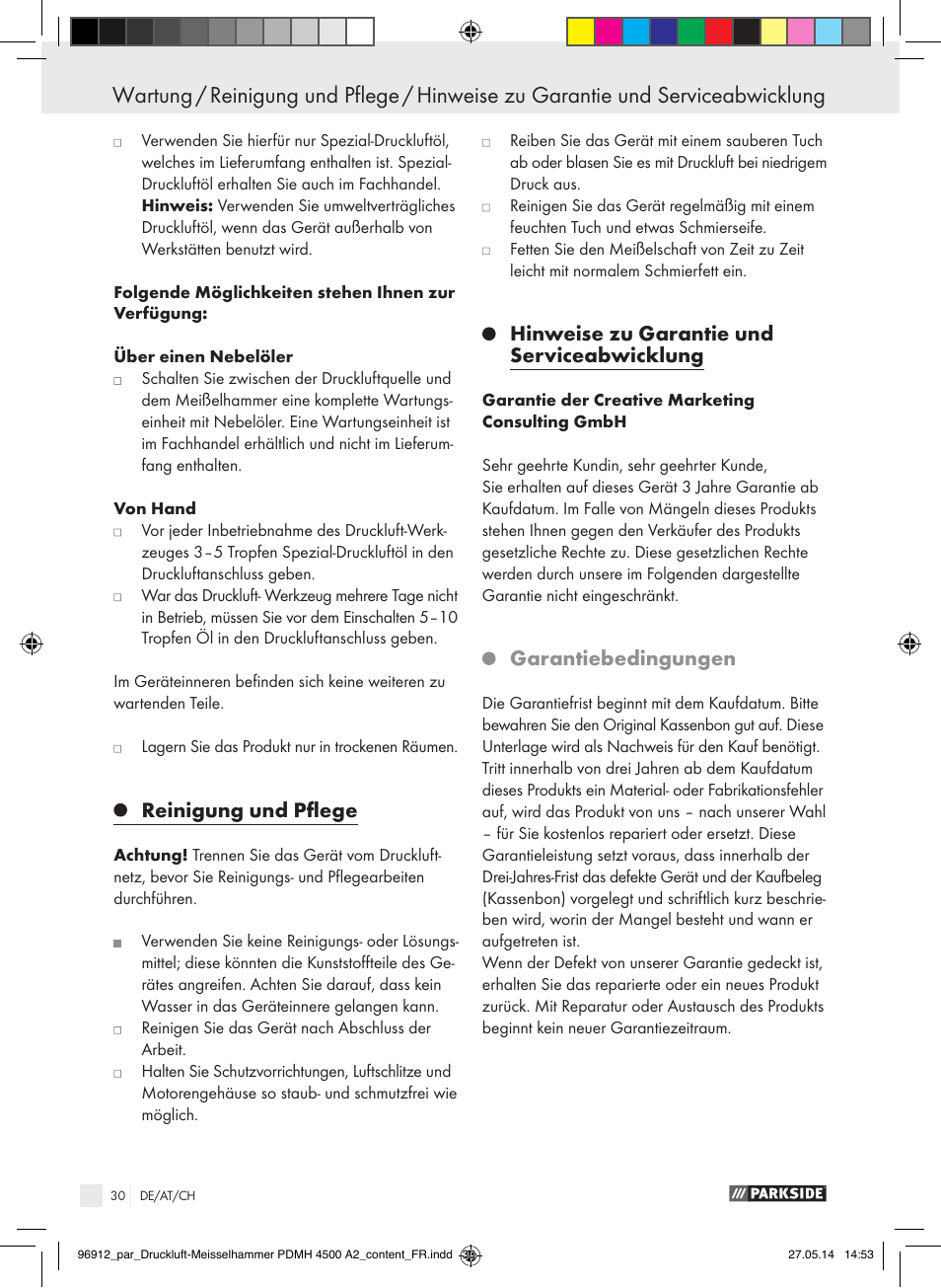 Reinigung und pflege, Hinweise zu garantie und serviceabwicklung, Garantiebedingungen | Parkside PDMH 4500 A2 User Manual | Page 30 / 45