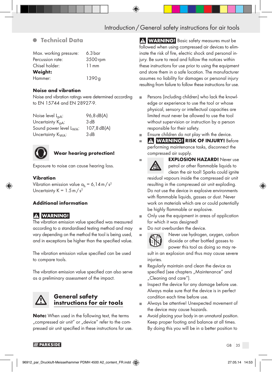 Technical data, General safety instructions for air tools | Parkside PDMH 4500 A2 User Manual | Page 35 / 45