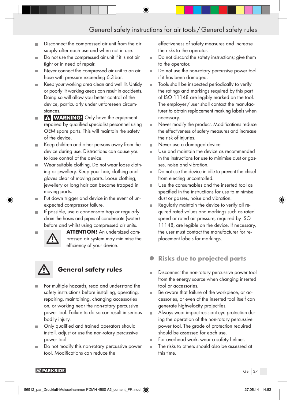 General safety rules, Risks due to projected parts | Parkside PDMH 4500 A2 User Manual | Page 37 / 45