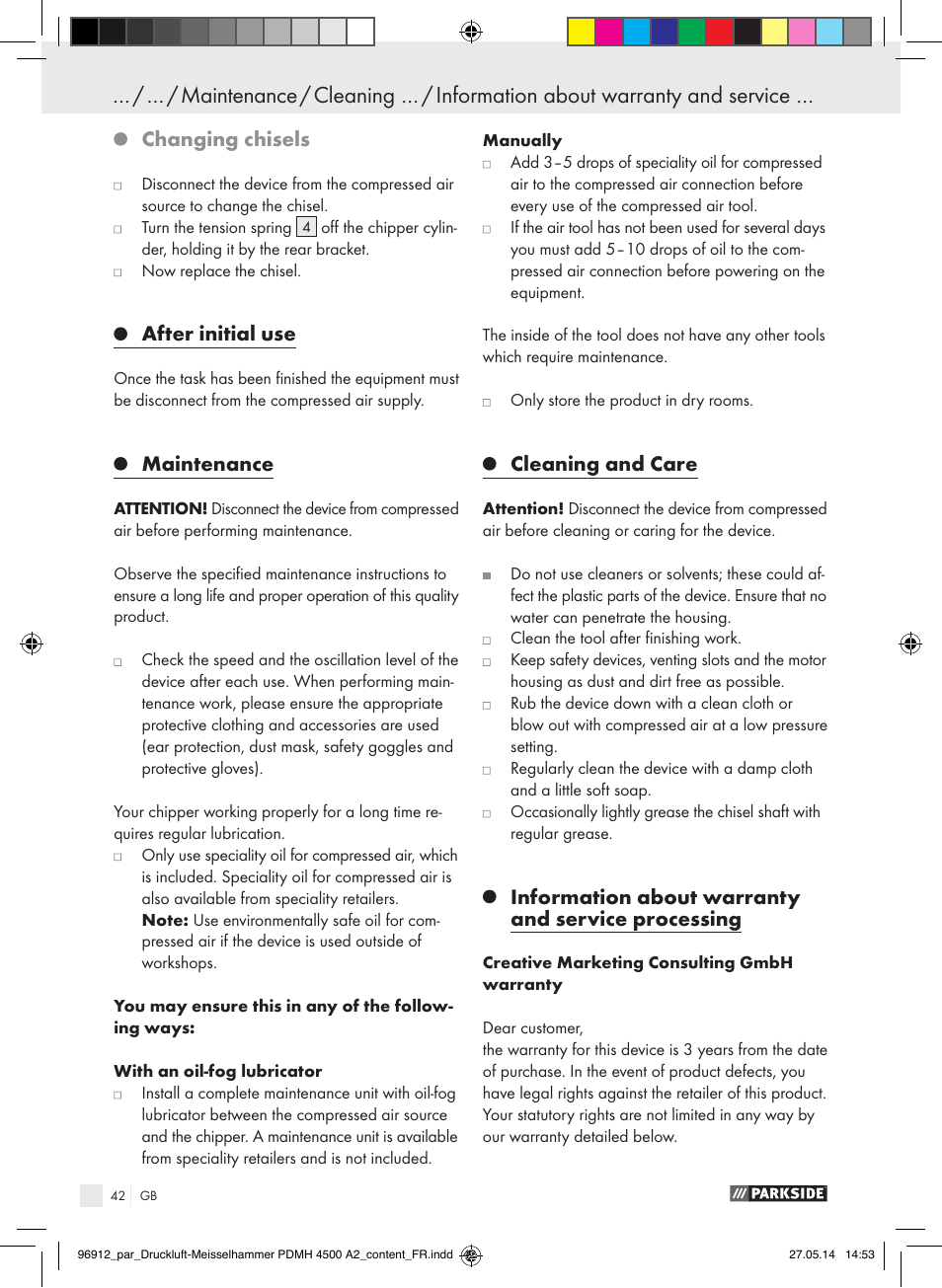 Changing chisels, After initial use, Maintenance | Cleaning and care, Information about warranty and service processing | Parkside PDMH 4500 A2 User Manual | Page 42 / 45