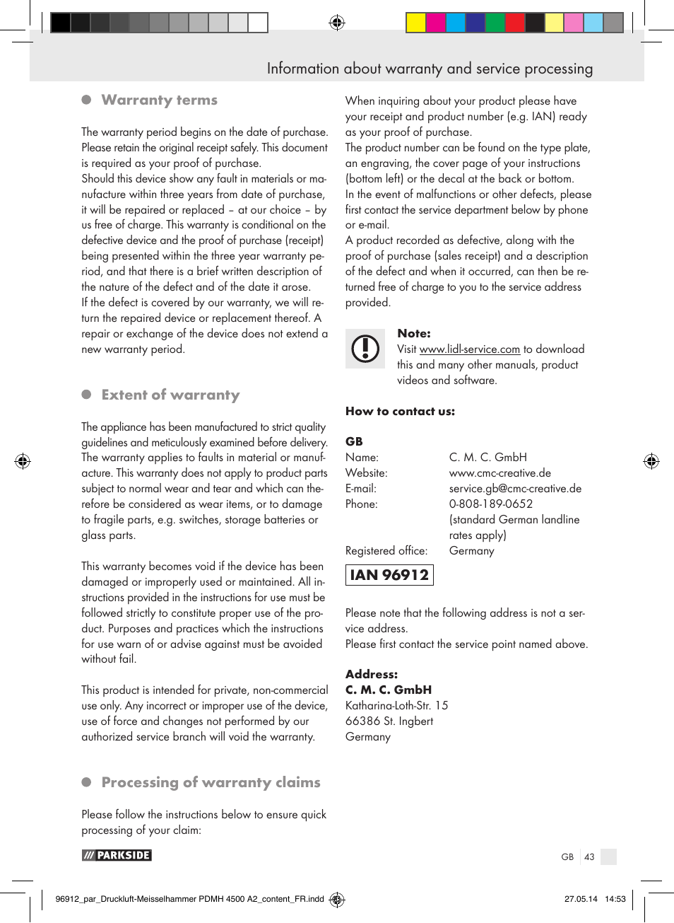 Warranty terms, Extent of warranty, Processing of warranty claims | Parkside PDMH 4500 A2 User Manual | Page 43 / 45