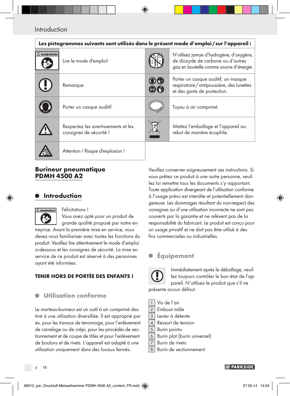 Utilisation conforme, Équipement | Parkside PDMH 4500 A2 User Manual | Page 6 / 45