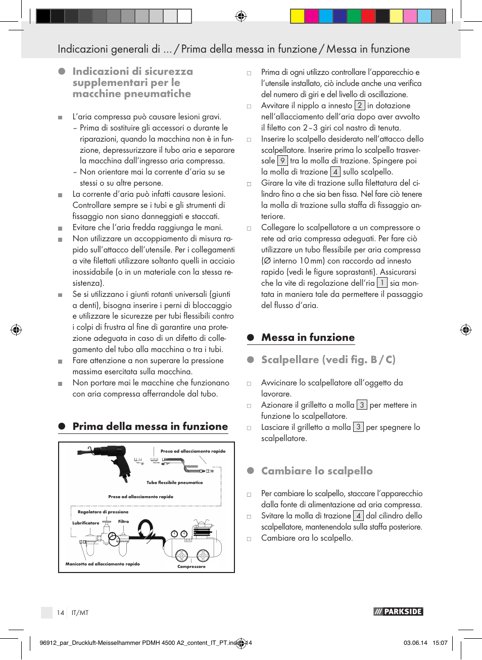 Prima della messa in funzione, Messa in funzione, Scalpellare (vedi fig. b / c) | Cambiare lo scalpello | Parkside PDMH 4500 A2 User Manual | Page 14 / 59