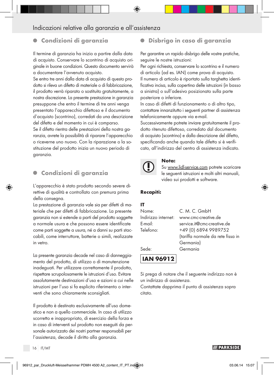 Condizioni di garanzia, Disbrigo in caso di garanzia | Parkside PDMH 4500 A2 User Manual | Page 16 / 59