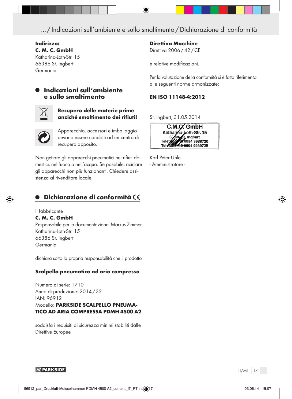 Indicazioni sull‘ambiente e sullo smaltimento, Dichiarazione di conformità | Parkside PDMH 4500 A2 User Manual | Page 17 / 59