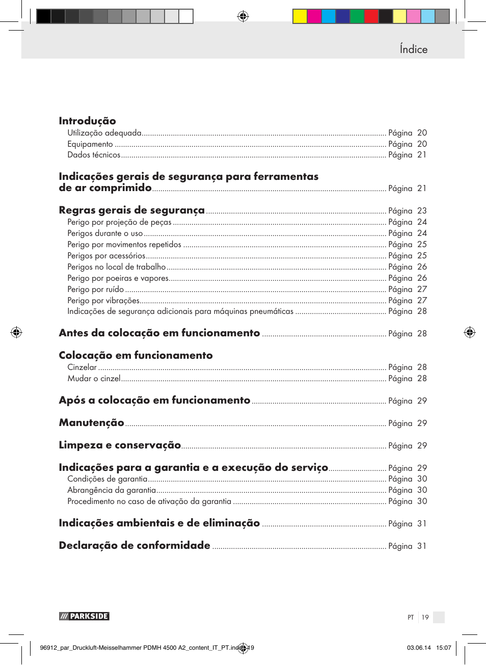 Índice | Parkside PDMH 4500 A2 User Manual | Page 19 / 59