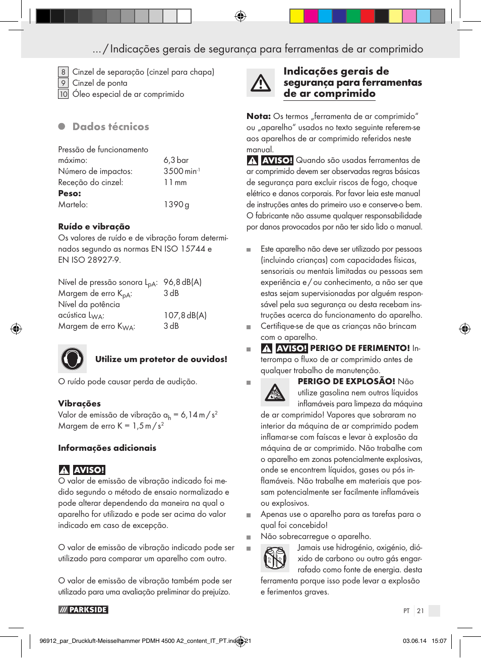 Dados técnicos | Parkside PDMH 4500 A2 User Manual | Page 21 / 59