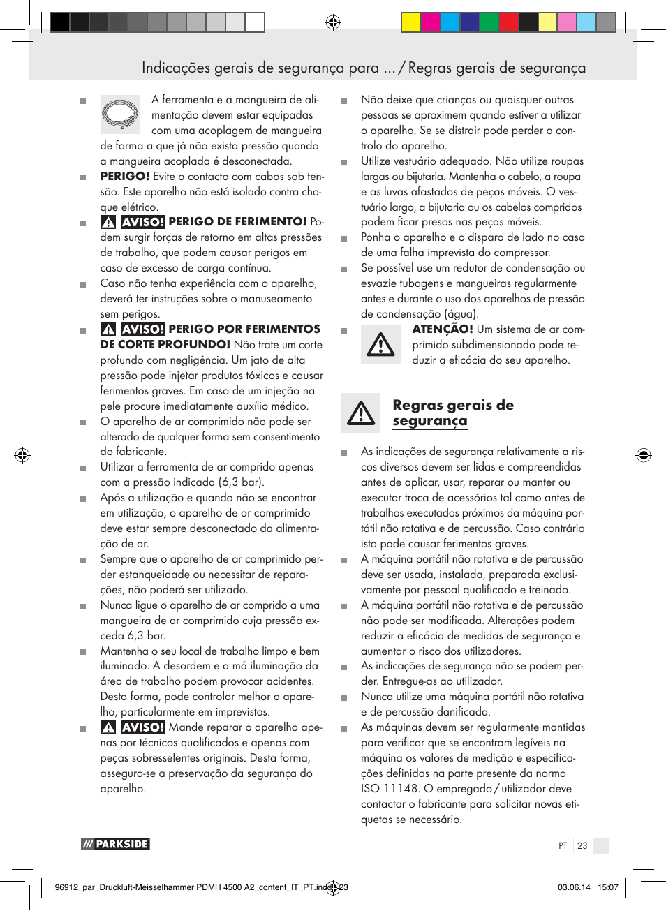 Regras gerais de segurança | Parkside PDMH 4500 A2 User Manual | Page 23 / 59