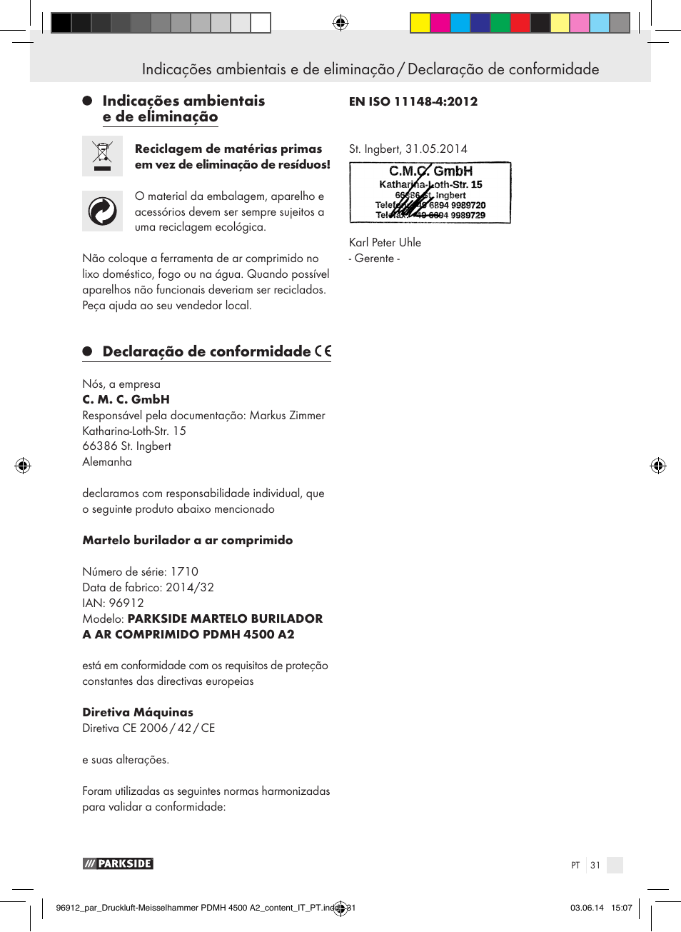 Indicações ambientais e de eliminação, Declaração de conformidade | Parkside PDMH 4500 A2 User Manual | Page 31 / 59