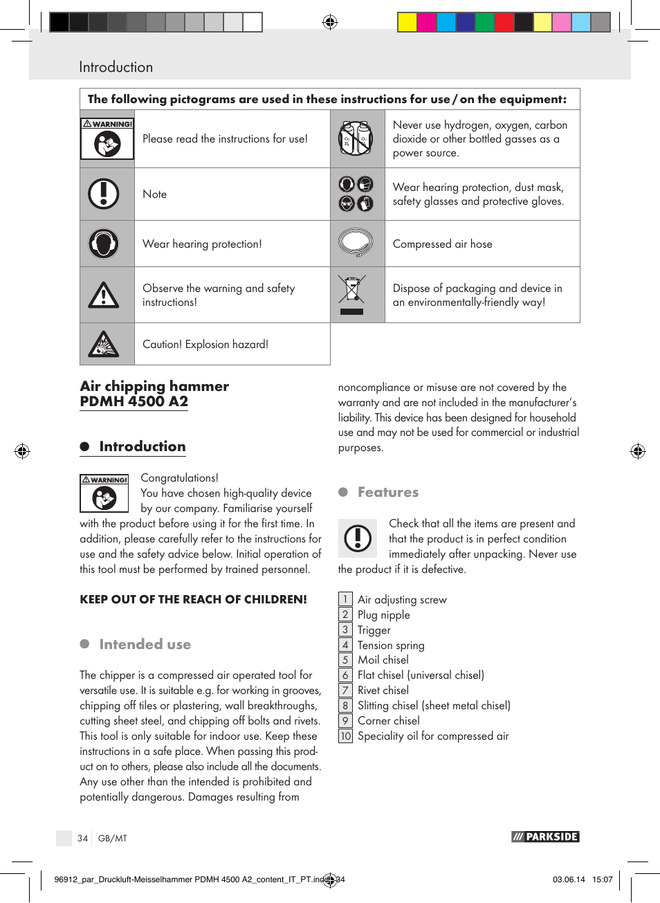 Introduction, Intended use, Features | Parkside PDMH 4500 A2 User Manual | Page 34 / 59