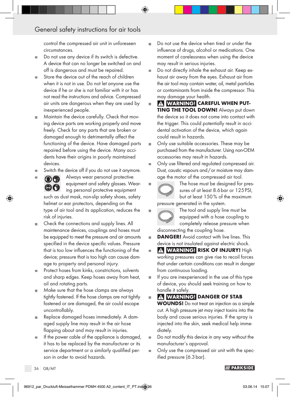 General safety instructions for air tools | Parkside PDMH 4500 A2 User Manual | Page 36 / 59