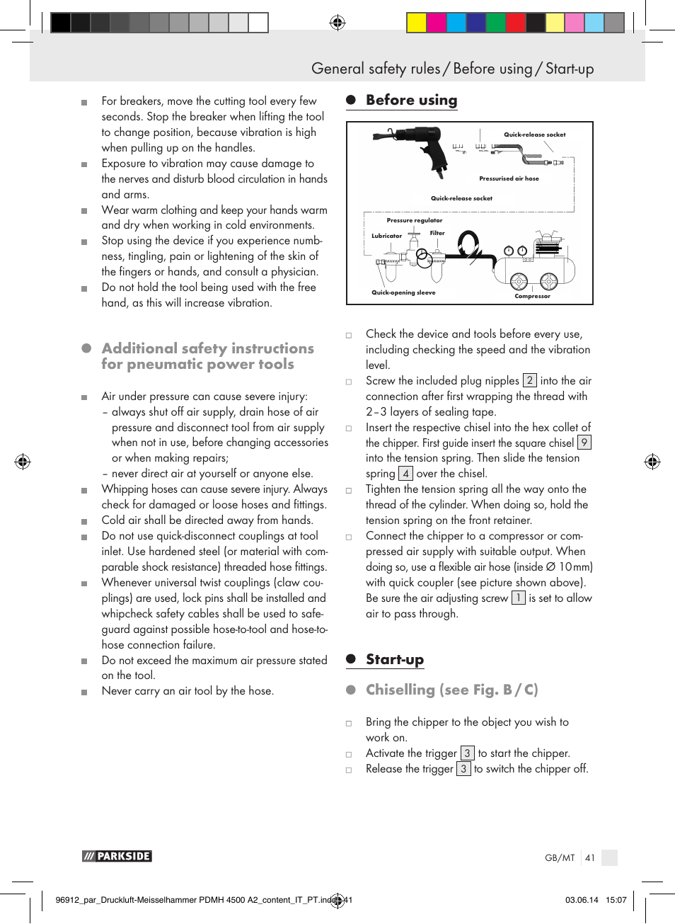 Before using, Start-up, Chiselling (see fig. b / c) | Parkside PDMH 4500 A2 User Manual | Page 41 / 59