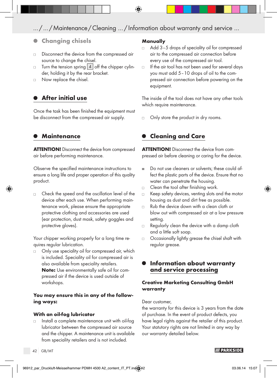 Changing chisels, After initial use, Maintenance | Cleaning and care, Information about warranty and service processing | Parkside PDMH 4500 A2 User Manual | Page 42 / 59