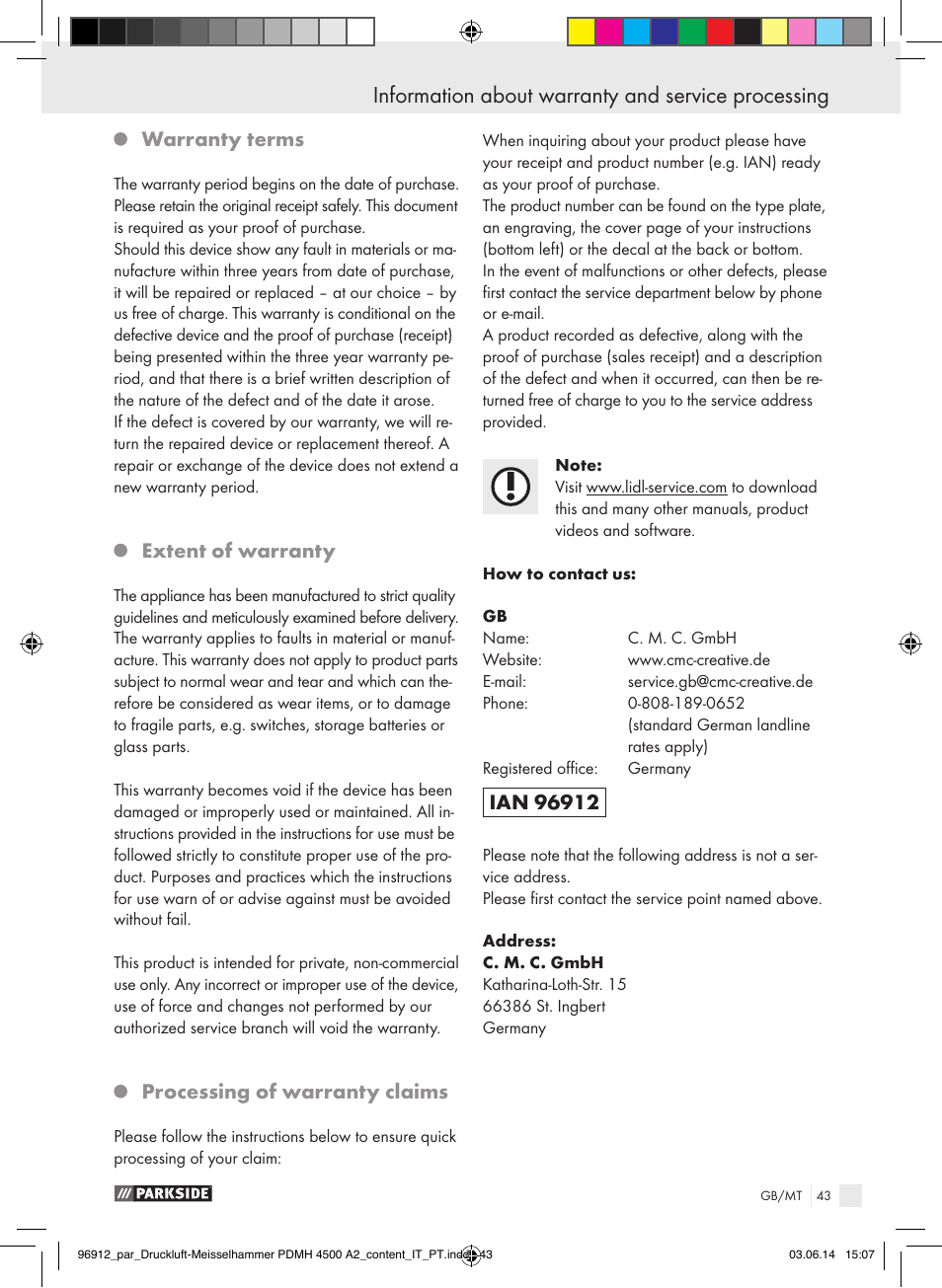 Warranty terms, Extent of warranty, Processing of warranty claims | Parkside PDMH 4500 A2 User Manual | Page 43 / 59