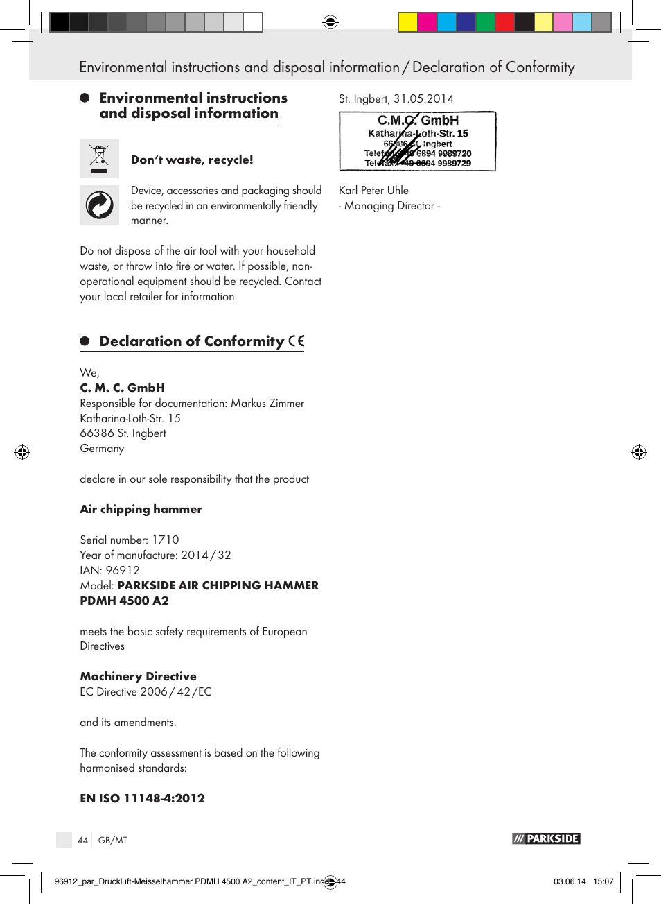 Declaration of conformity | Parkside PDMH 4500 A2 User Manual | Page 44 / 59
