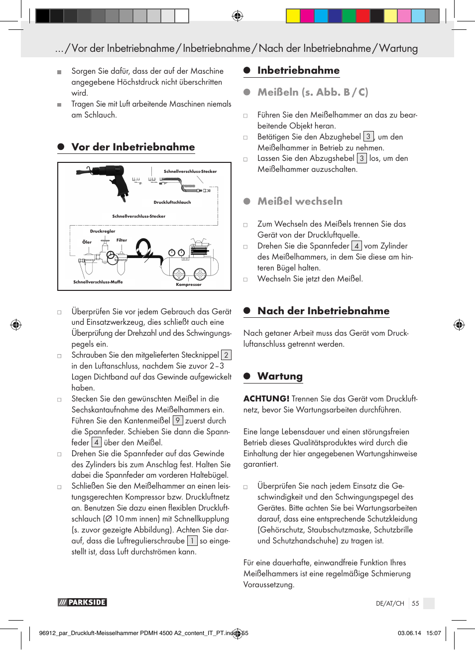 Allgemeine sicherheitsregeln, Vor der inbetriebnahme, Inbetriebnahme | Meißeln (s. abb. b / c), Meißel wechseln, Nach der inbetriebnahme, Wartung | Parkside PDMH 4500 A2 User Manual | Page 55 / 59