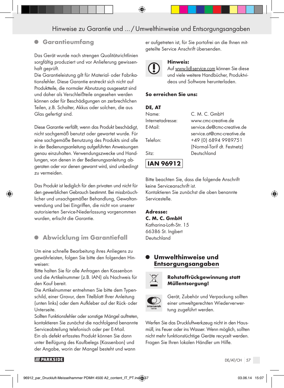 Garantieumfang, Abwicklung im garantiefall, Umwelthinweise und entsorgungsangaben | Parkside PDMH 4500 A2 User Manual | Page 57 / 59
