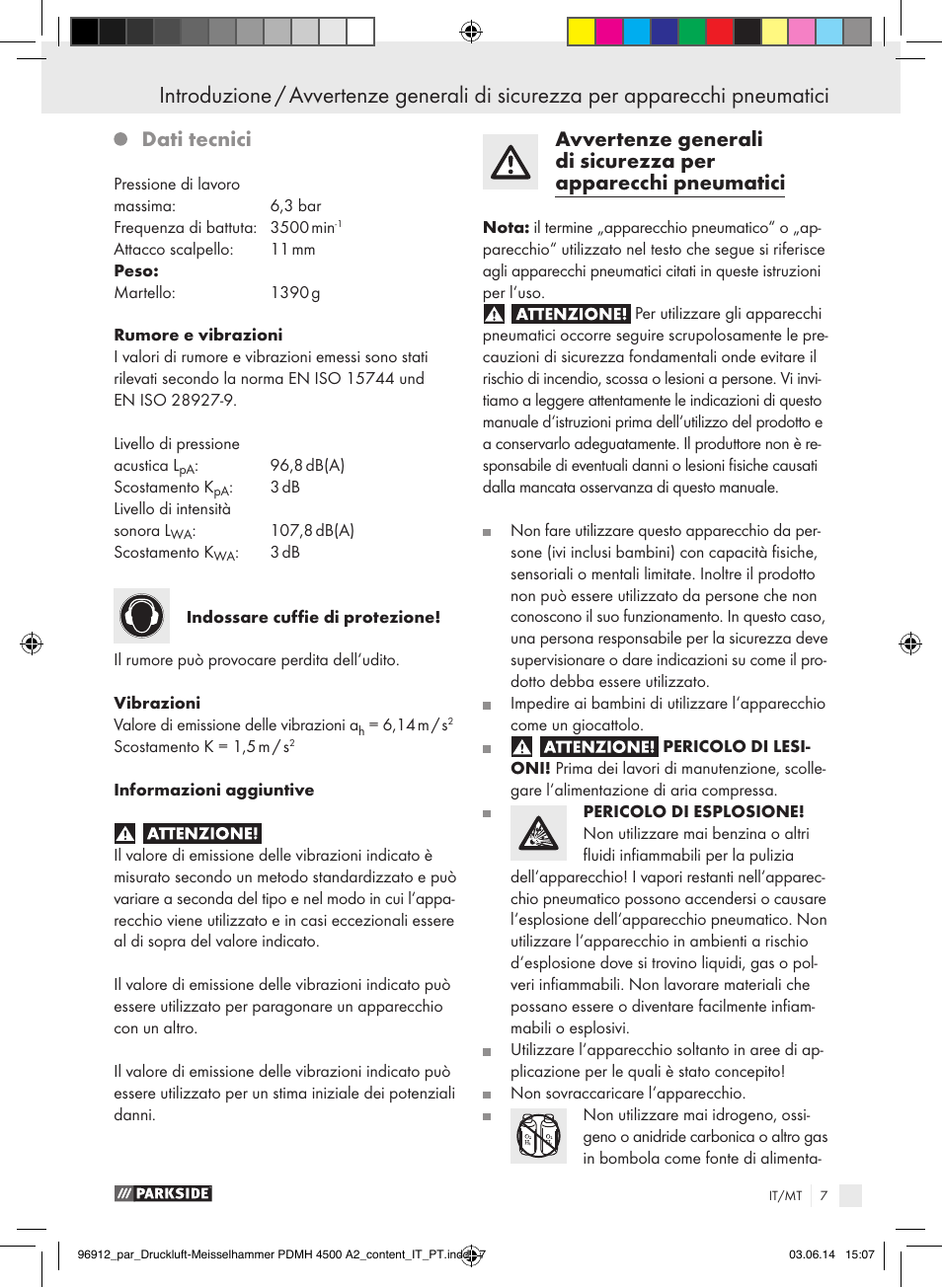 Introduzione, Dati tecnici | Parkside PDMH 4500 A2 User Manual | Page 7 / 59