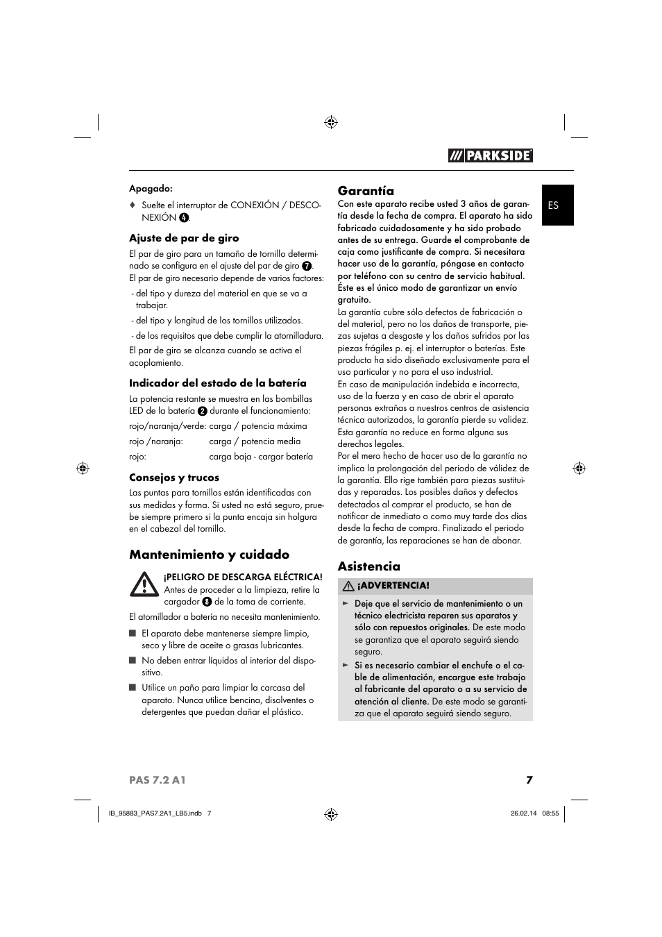 Mantenimiento y cuidado, Garantía, Asistencia | Parkside PAS 7.2 A1 User Manual | Page 10 / 46