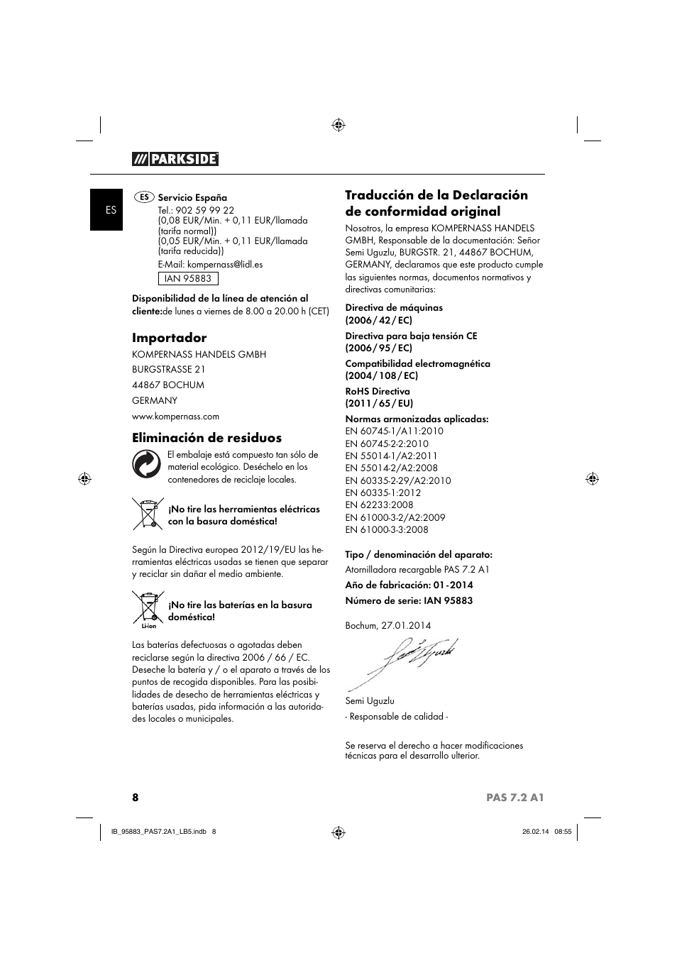 Importador, Eliminación de residuos | Parkside PAS 7.2 A1 User Manual | Page 11 / 46