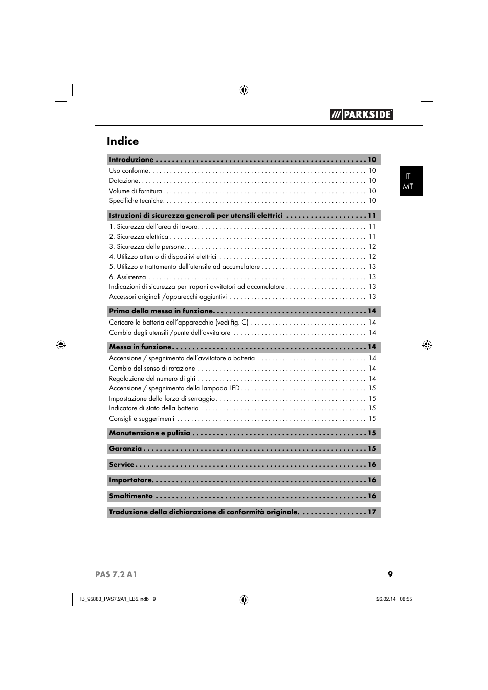 Indice | Parkside PAS 7.2 A1 User Manual | Page 12 / 46