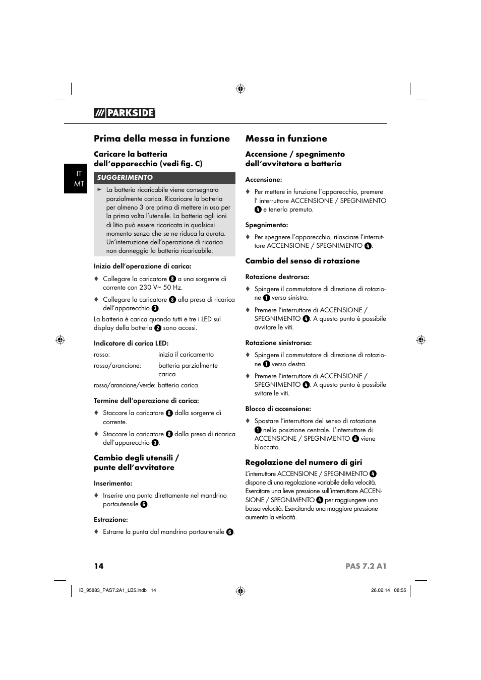 Prima della messa in funzione, Messa in funzione | Parkside PAS 7.2 A1 User Manual | Page 17 / 46