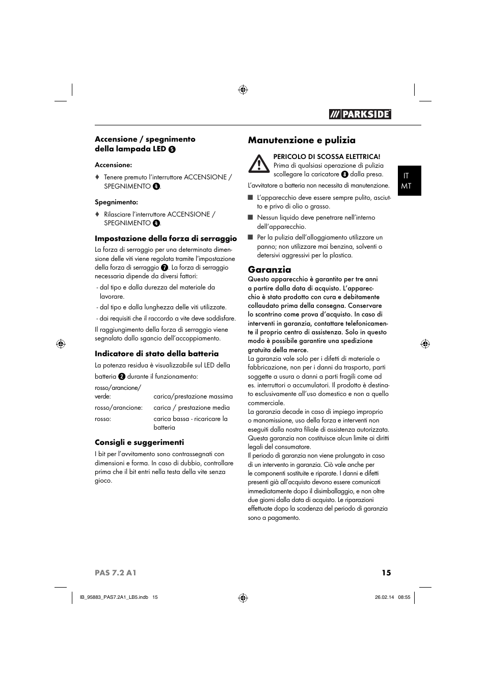 Manutenzione e pulizia, Garanzia | Parkside PAS 7.2 A1 User Manual | Page 18 / 46