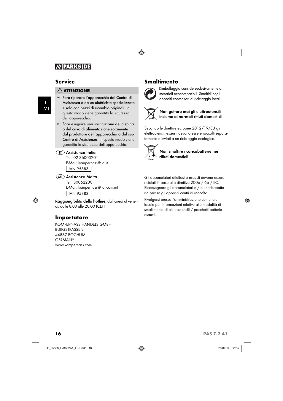 Service, Importatore, Smaltimento | Parkside PAS 7.2 A1 User Manual | Page 19 / 46