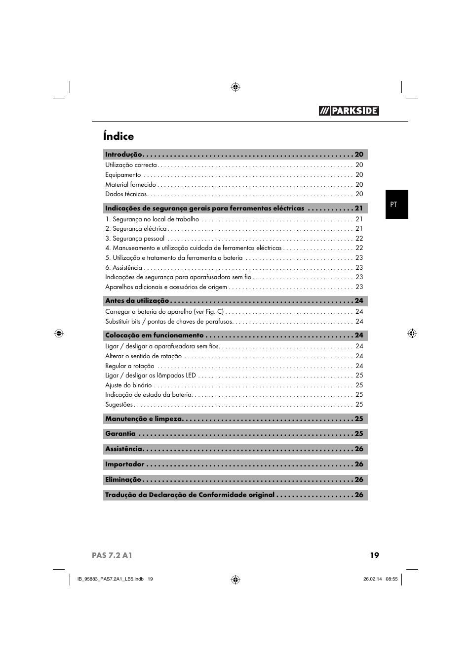 Índice | Parkside PAS 7.2 A1 User Manual | Page 22 / 46