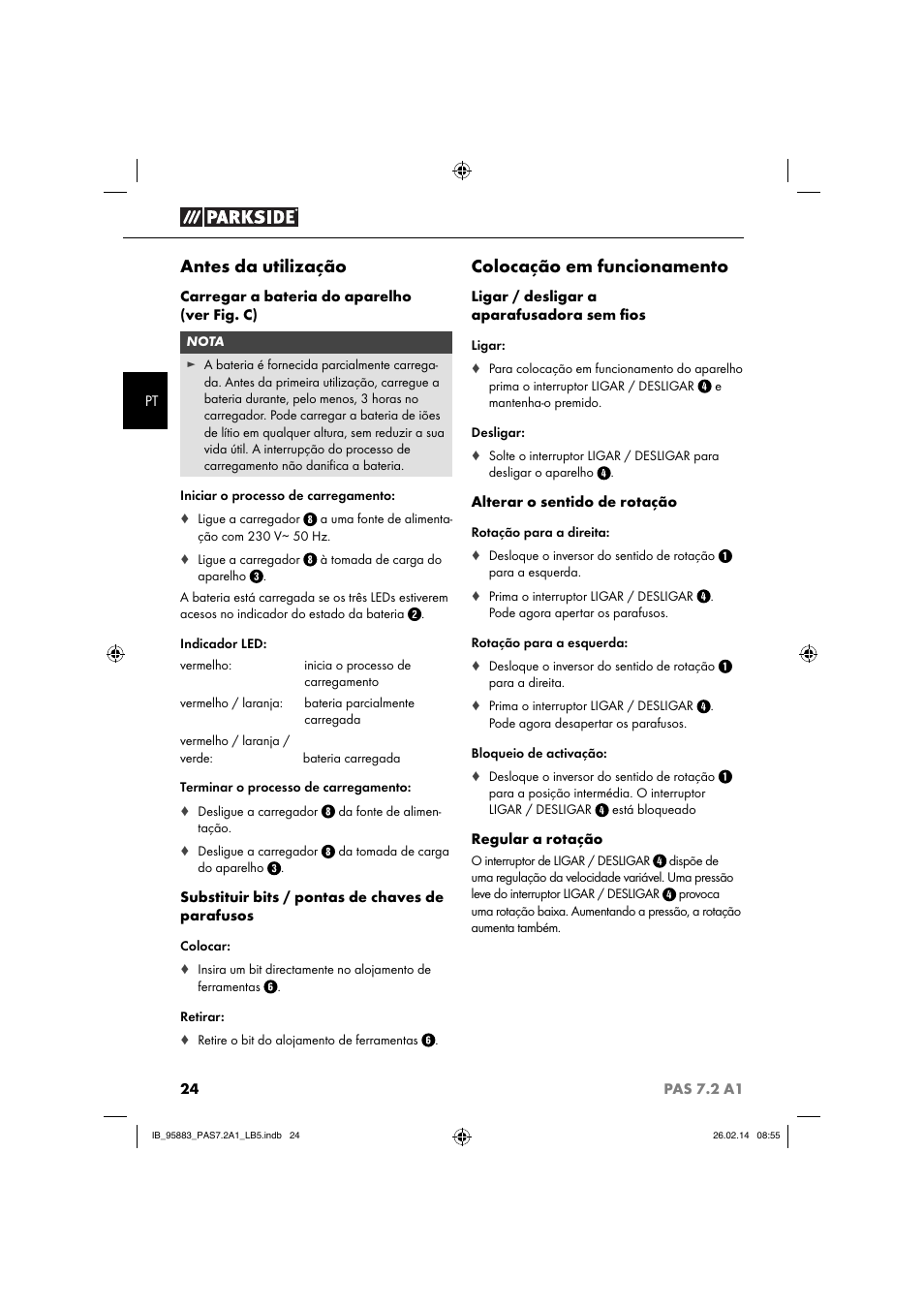 Antes da utilização, Colocação em funcionamento | Parkside PAS 7.2 A1 User Manual | Page 27 / 46